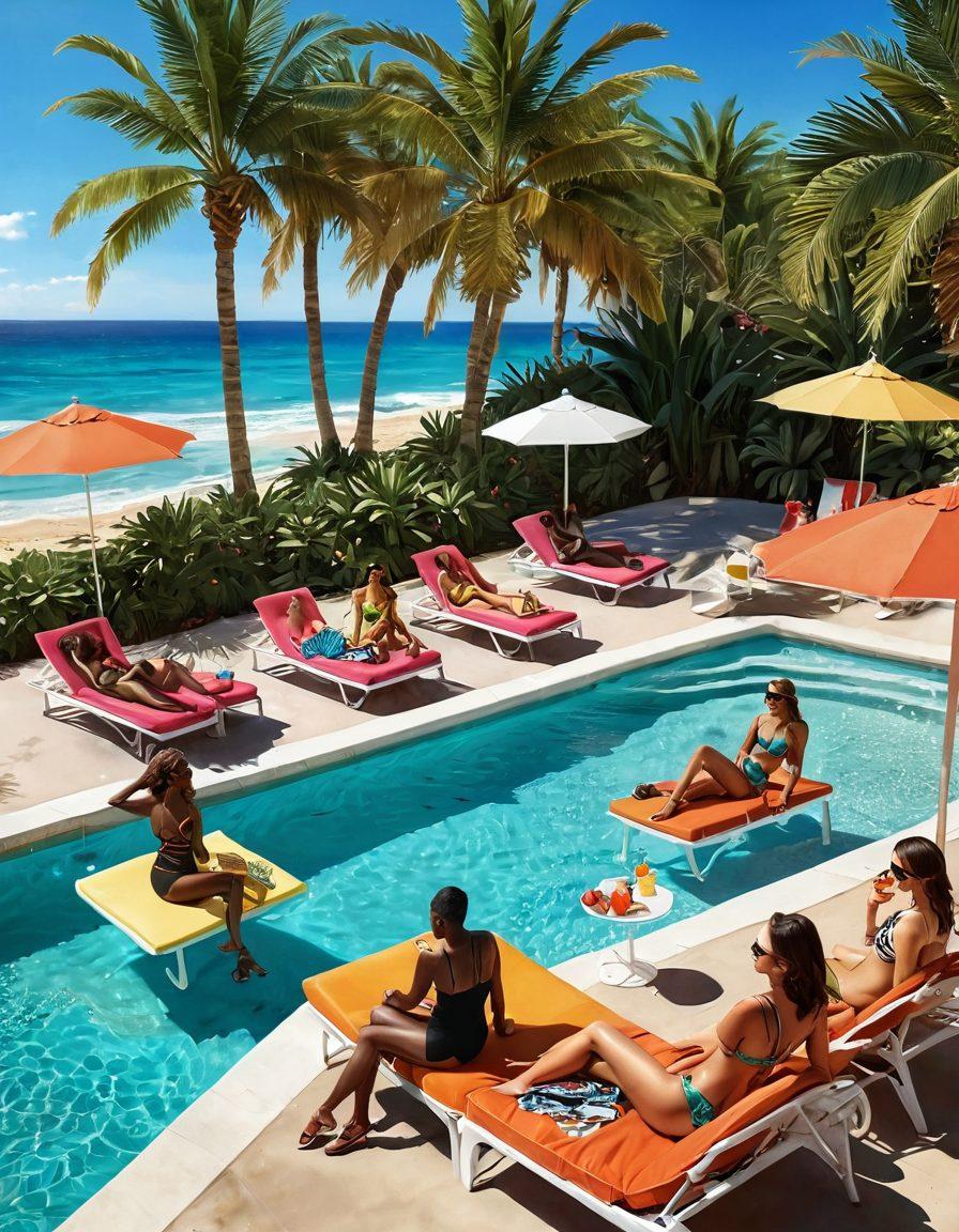 A sun-drenched beach scene showcasing a diverse group of stylish individuals wearing chic swimwear, lounging by a luxurious pool with palm trees swaying in the background. The scene is vibrant and filled with tropical colors, featuring beach umbrellas and exotic drinks on the table. Include fashion elements like trendy sunglasses and fashionable beach hats. super-realistic. vibrant colors. summer vibes.